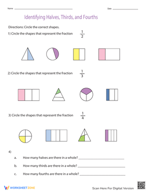 Identifying Halves, Thirds, and Fourths Worksheet