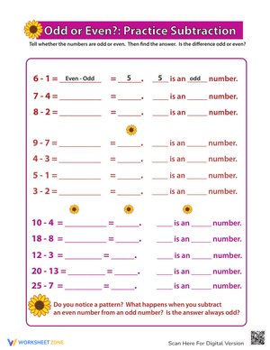 Odd and Even Subtraction Practice Worksheet