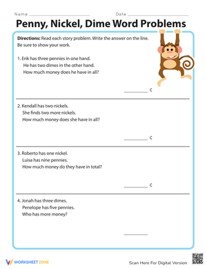 Money Monkey: Engaging Math Word Problems Worksheet