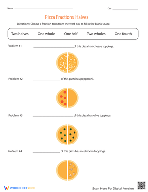 Pizza Fractions: Halves Worksheet for Yummy Learning