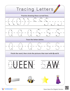 Tracing Letters: Learn with Q and S Worksheet
