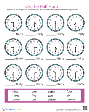 Half Hour Telling Time: Fun Worksheet for Kids