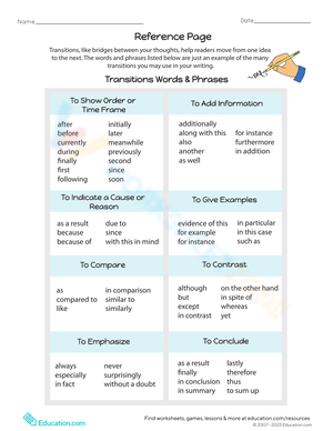 Transition Words and Phrases Task Cards Worksheet