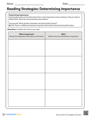 Determining Importance Reading Strategies Worksheet
