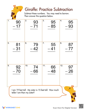 Subtraction Practice with Giraffe Illustration