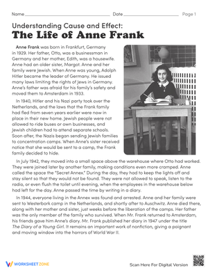 Life of Anne Frank: Cause and Effect Worksheet