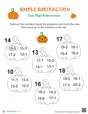 Simple Subtraction Worksheet with Pumpkins