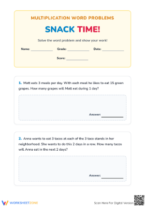 Snack Time Multiplication: Printable Grade 3 Math Worksheet