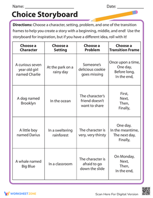 Choice Storyboard Worksheet for Creative Writing