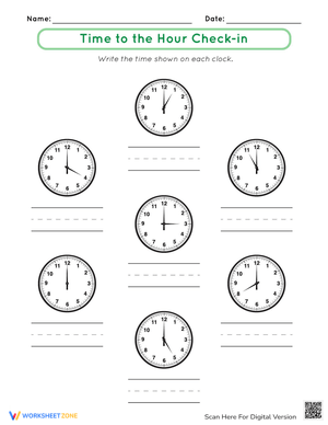 Telling Time to the Hour Check-In Worksheet