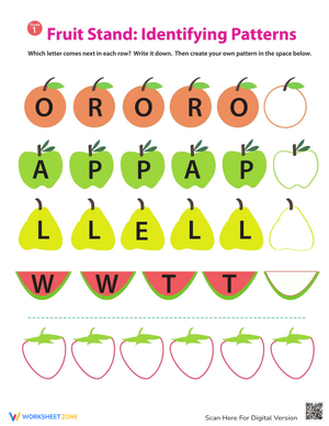Identifying Patterns Worksheet: Alphabet & Fruit
