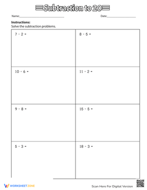 Subtraction to 20 Practice Worksheet