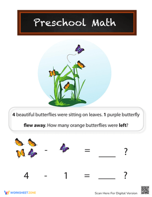 Butterfly Subtraction Worksheet for Kids