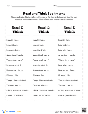 Read and Think Bookmarks: Worksheet