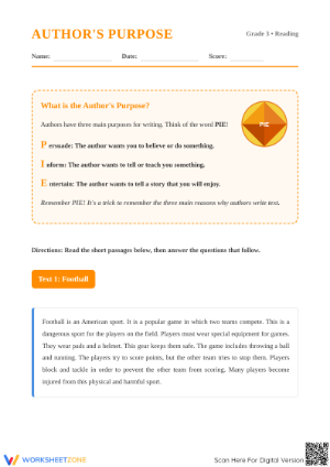Essential Author's Purpose PIE Worksheet | Grade 3