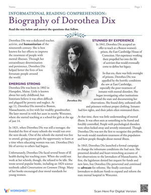 Informational Reading Comprehension: Dorothea Dix Biography