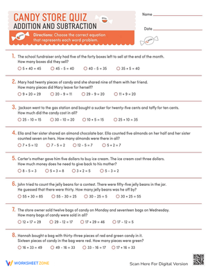 Candy Store Addition & Subtraction Quiz