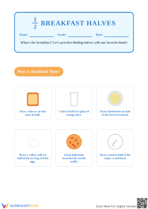 Half Breakfast & Lunch Fractions | Printable Grade 2 Math