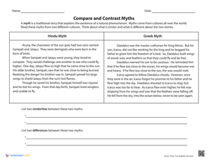 Compare and Contrast Myths Worksheet