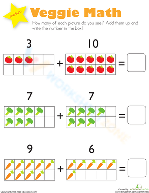 Addition Veggie Worksheet for Kindergarten