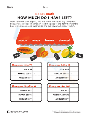 Subtraction Money Math Problems