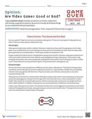 Video Games: Opinion Writing Practice