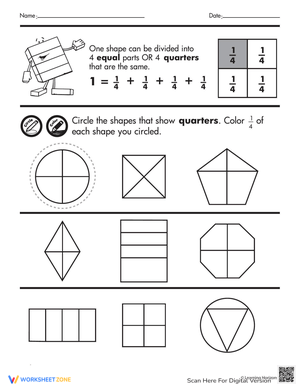 Shape Fractions: Quarters Worksheet