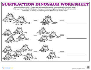 Dino Math: Stegosaurus Subtraction Practice Worksheet