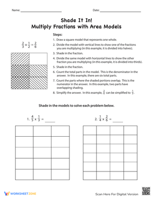 Multiply Fractions with Area Models: Math Worksheet