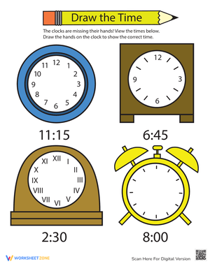 Drawing the Time: Time-Telling Practice Worksheet