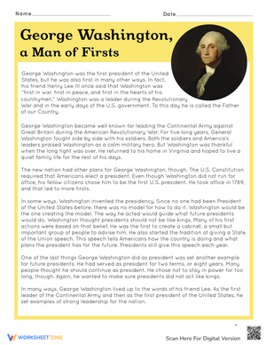 George Washington: A Man of Firsts History Worksheet