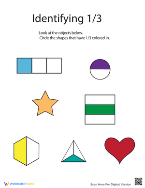 Identifying Fractions: One-Third Math Worksheet