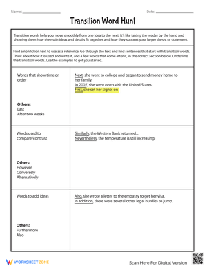 Transition Word Hunt Worksheet