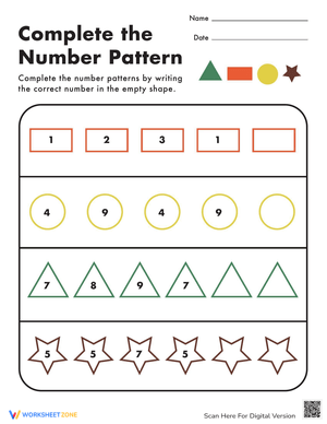 Complete the Number Patterns: Math Worksheet
