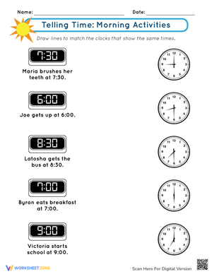 Telling Time with Morning Activities Worksheet