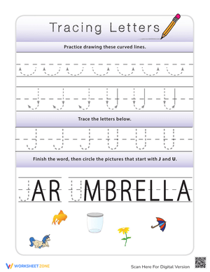 Tracing Letters: J, U Practice Worksheet