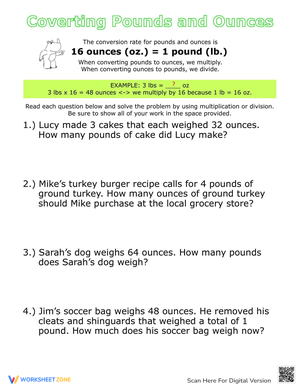 Unit Conversion: Ounces to Pounds Worksheet