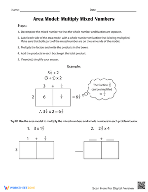 Area Model: Multiply Mixed Numbers Worksheet