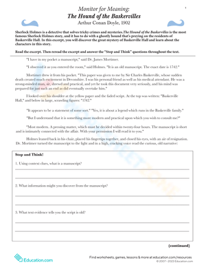 Hound of the Baskervilles: Reading Comprehension Worksheet
