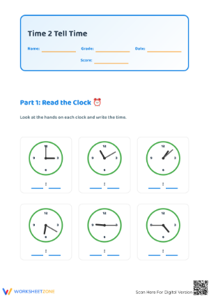 Printable Telling Time to 5 Minutes Worksheet | Grade 2