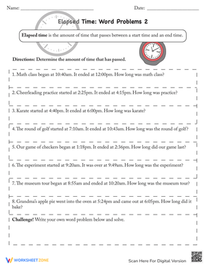 Elapsed Time: Word Problems Math Worksheet