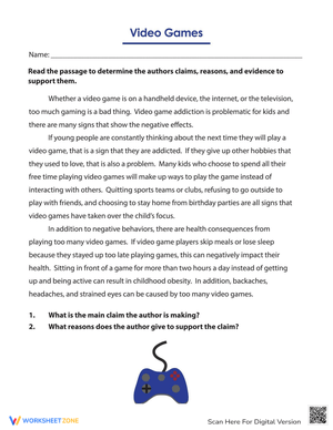 Video Games: Nonfiction Text Worksheet