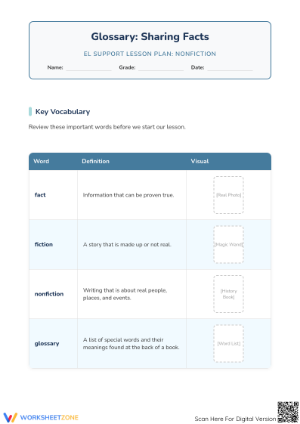 Essential Grade 1 Nonfiction Glossary & Facts Worksheet