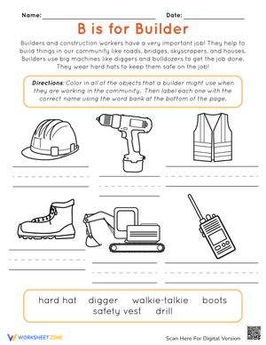 B is for Builder Alphabet Worksheet