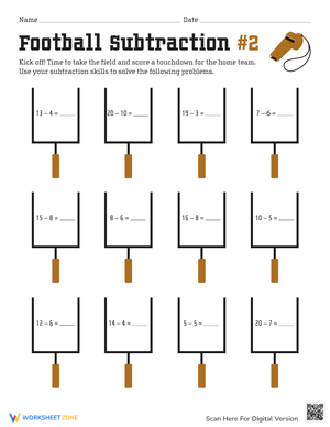 Football Themed Subtraction Practice Worksheet