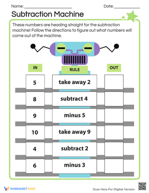 Subtraction Machine Worksheet