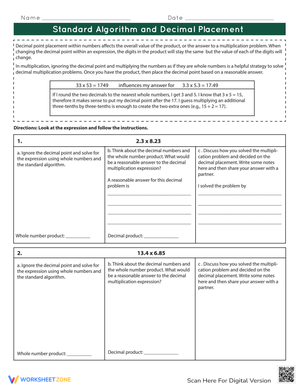 Decimal Placement with Algorithm Worksheet