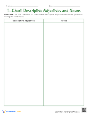 Descriptive Adjectives T-Chart Worksheet