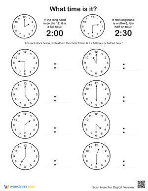 Telling Time: Hour and Half Hour Practice