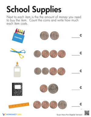 Counting Coins: School Supplies Theme
